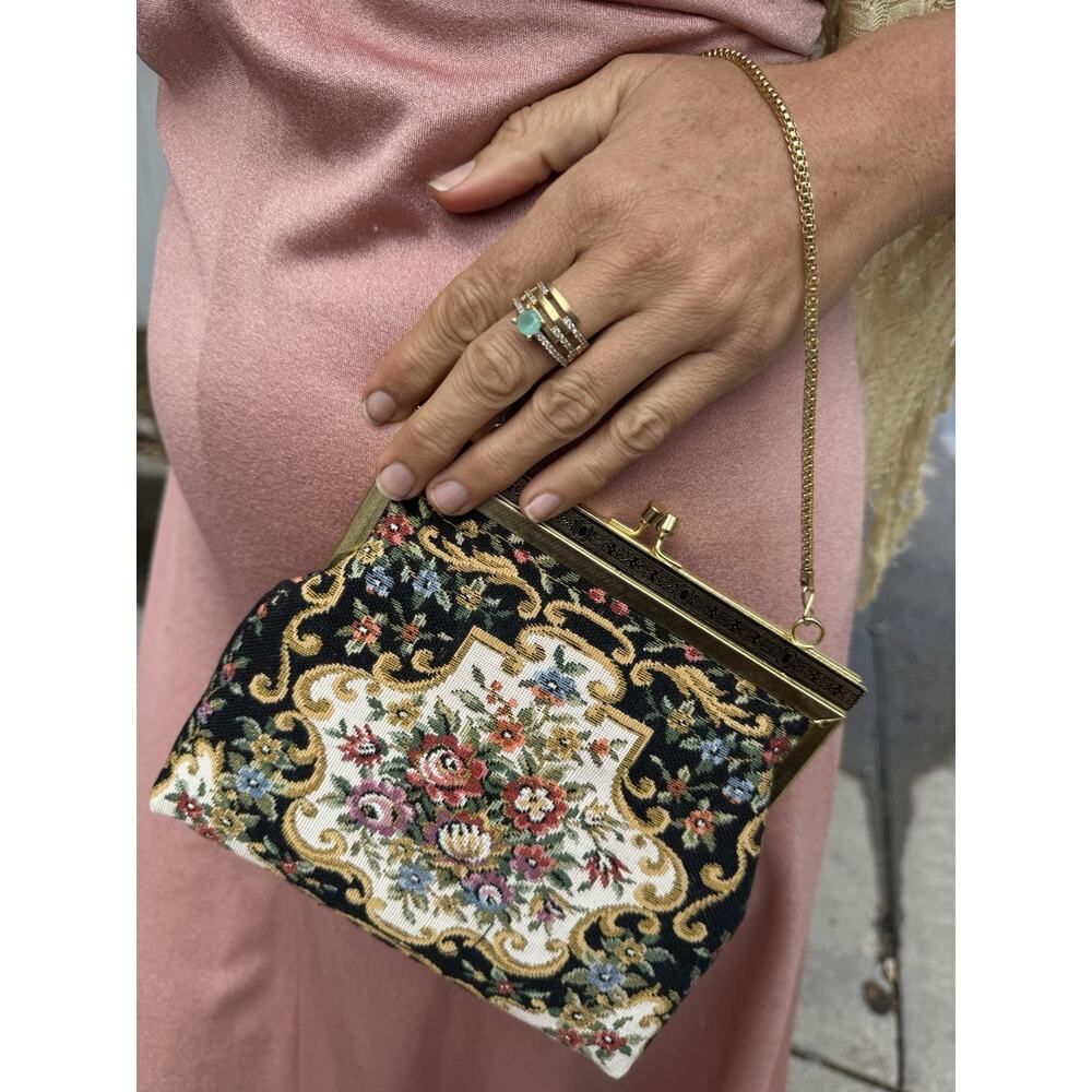 Vintage Tapestry Handbag Clutch With Gold Chain Floral Clasp Closure